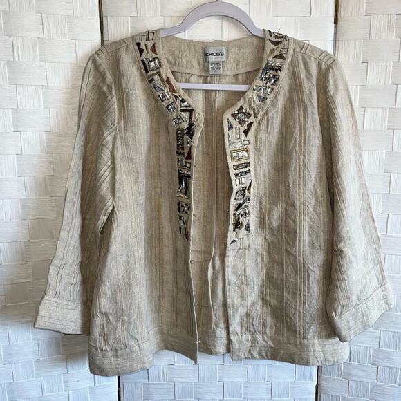 Chico’s Womens Tunic Linen Blend Blazer Jacket Size Medium Jewl Embroidered - Picture 11 of 16